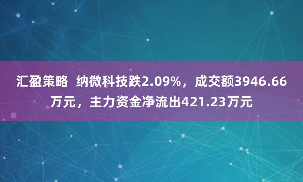 汇盈策略  纳微科技跌2.09%，成交额3946.66万元，主力资金净流出421.23万元